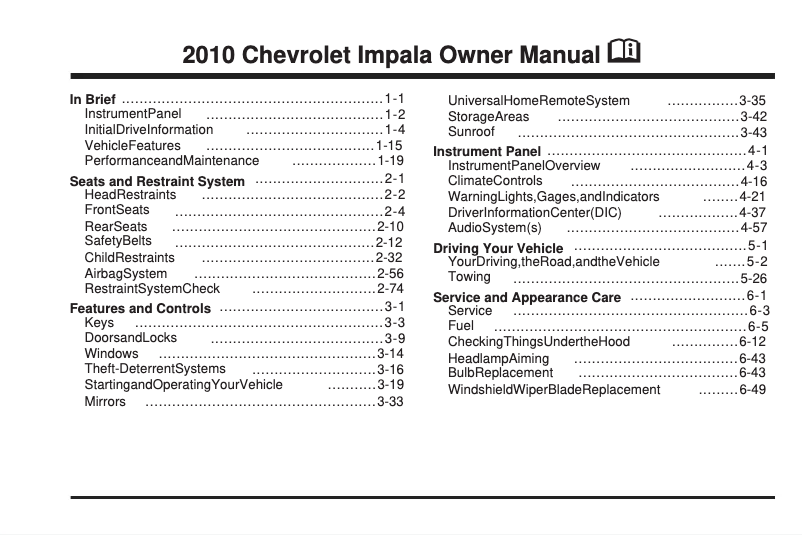 Page 1 de la notice Manuel utilisateur Chevrolet Impala (2010)