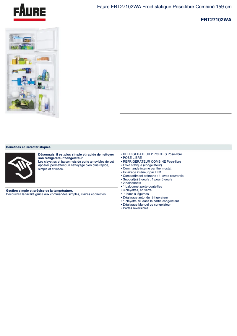 Page 1 de la notice Fiche technique Faure FRT27102WA