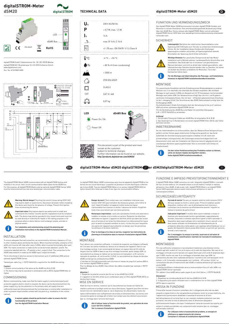 Page 1 de la notice Manuel utilisateur digitalSTROM DSM20