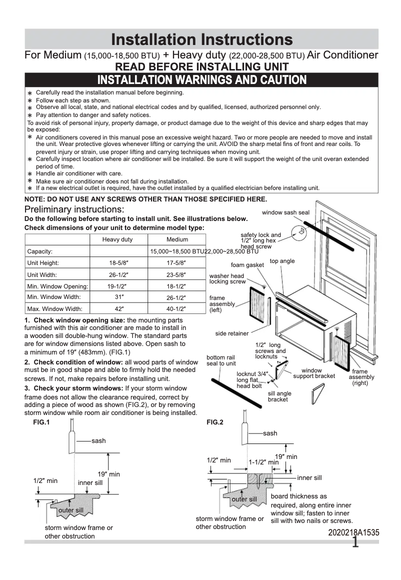 Page n°1 - Guide d'installation Frigidaire FFRE1533Q1