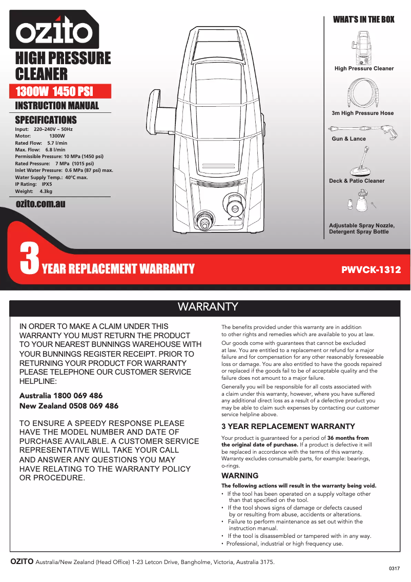 Page n°1 - Mode d'emploi Ozito PWVCK-1312