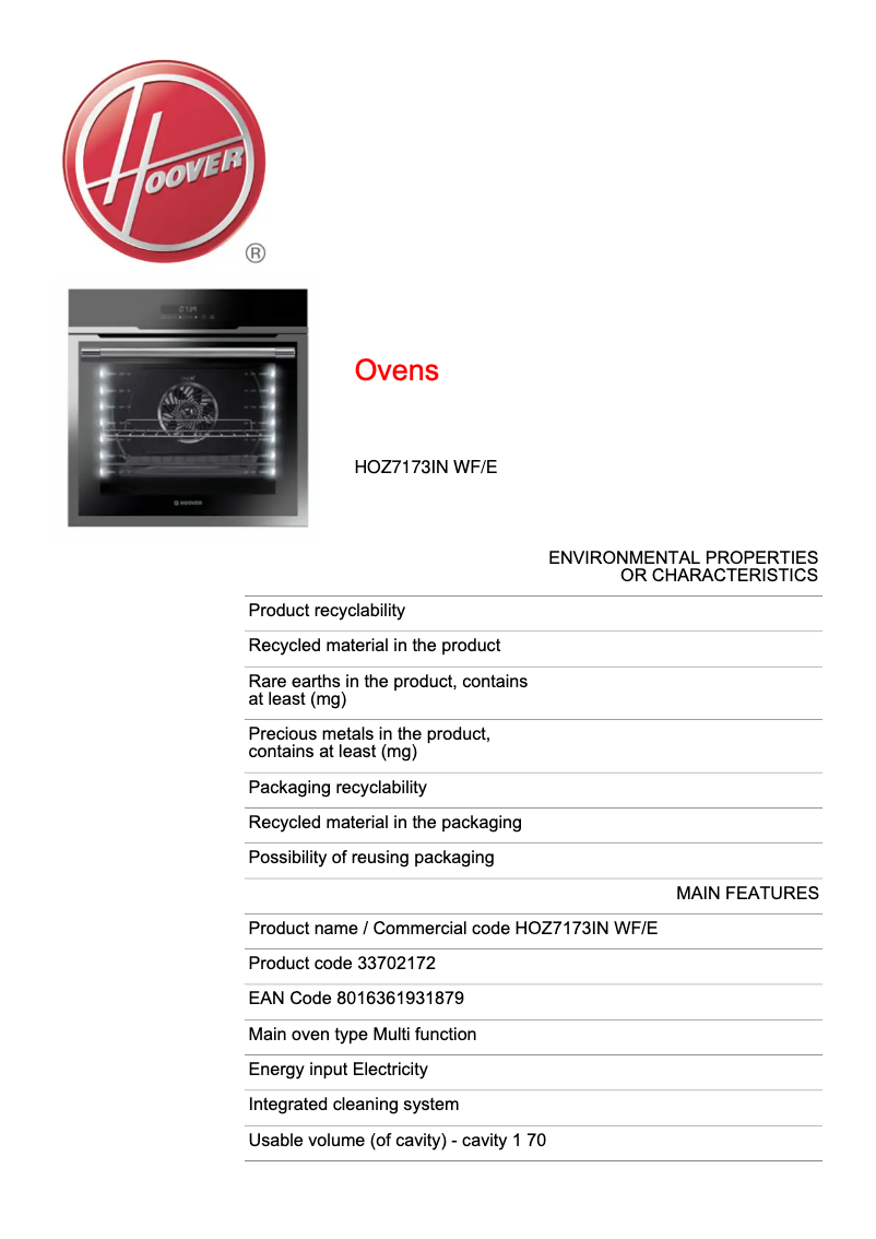 Page n°1 - Fiche technique Hoover H-OVEN 500 PLUS HOZ7173IN WF/E
