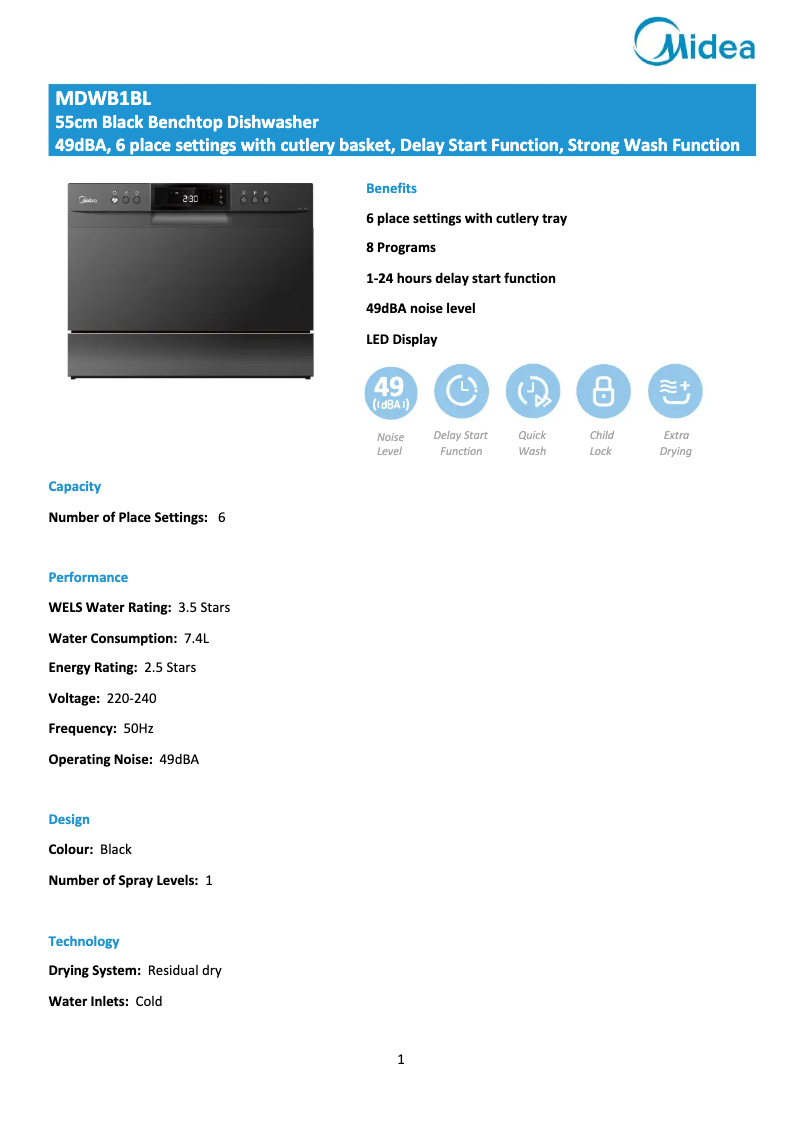Page 1 de la notice Fiche technique Midea MDWB1BL