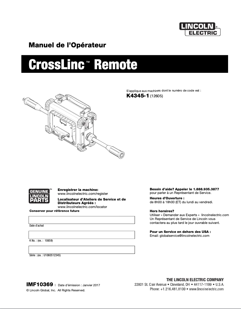 Page 1 de la notice Manuel utilisateur Lincoln Electric CrossLinc Remote