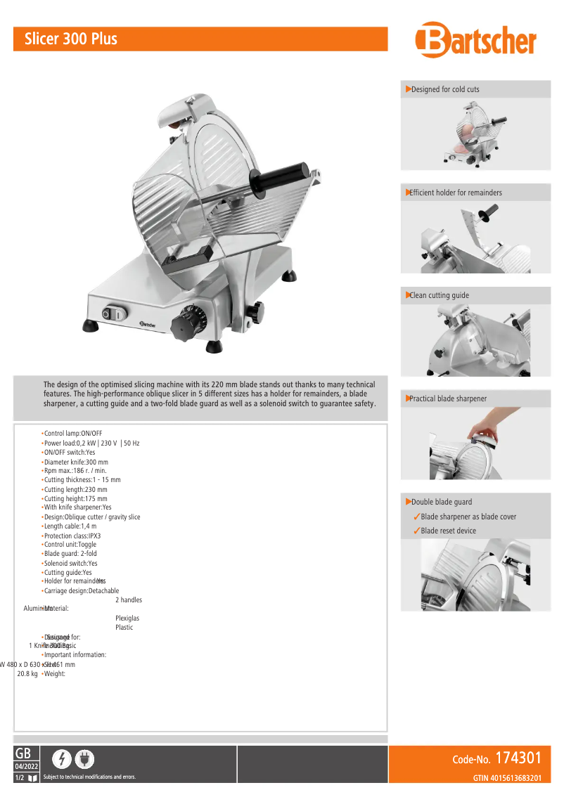 Page n°1 - Fiche technique Bartscher 174301