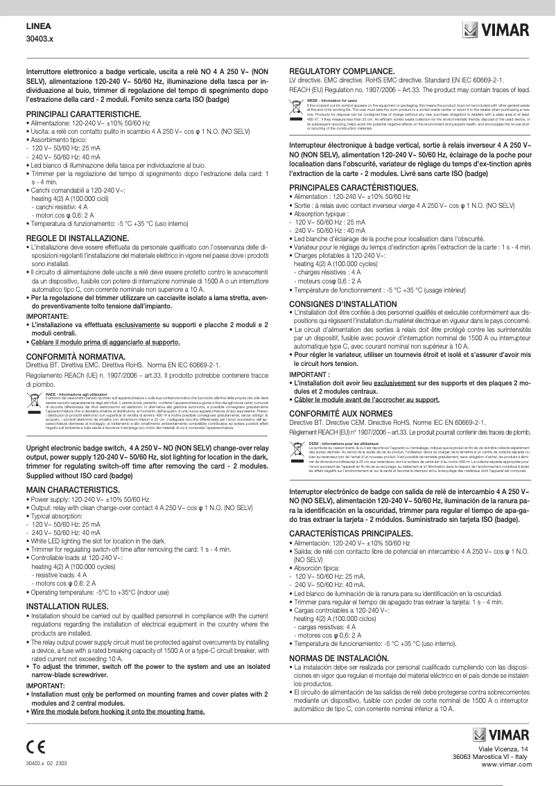 Page 1 de la notice Manuel utilisateur Vimar 30403.B