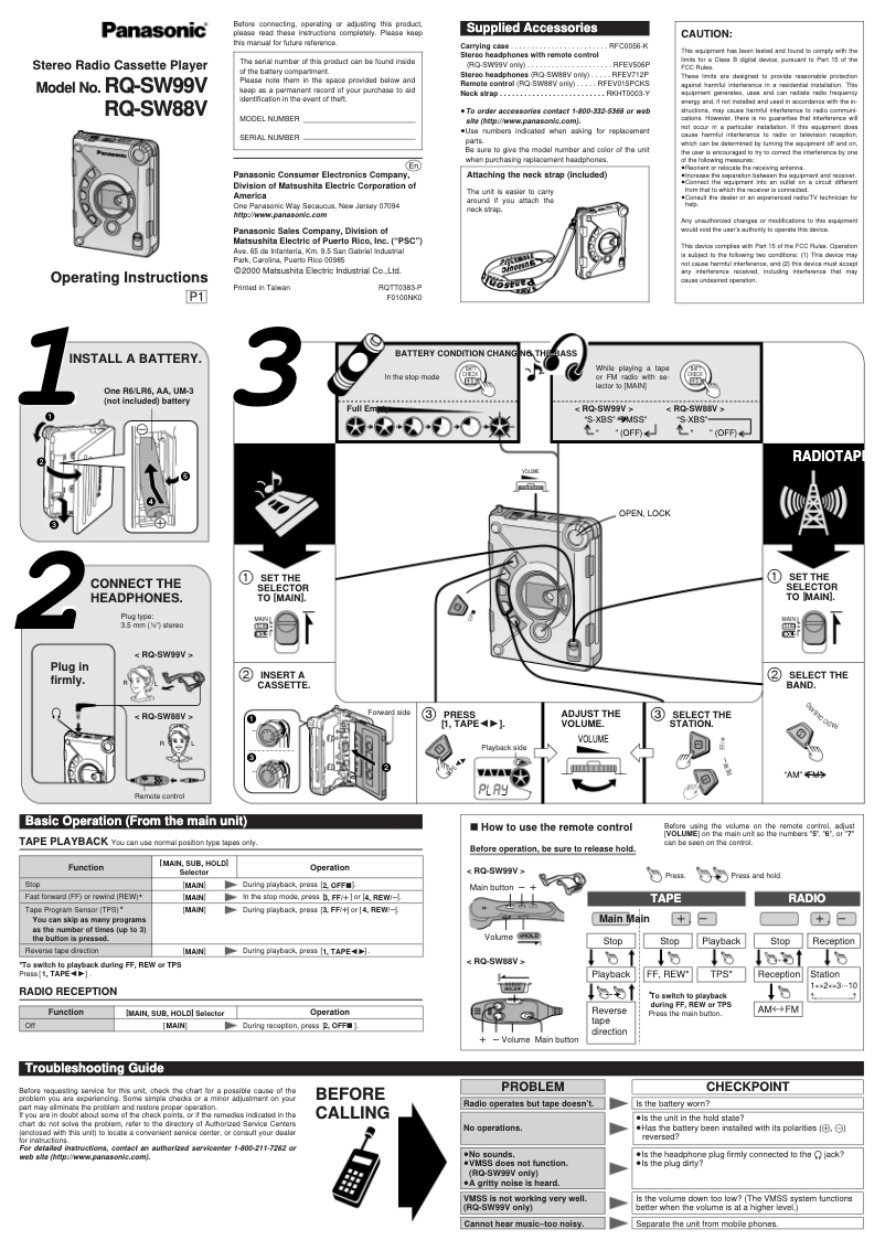 Page n°1 - Manuel utilisateur Panasonic RQ-SW88V