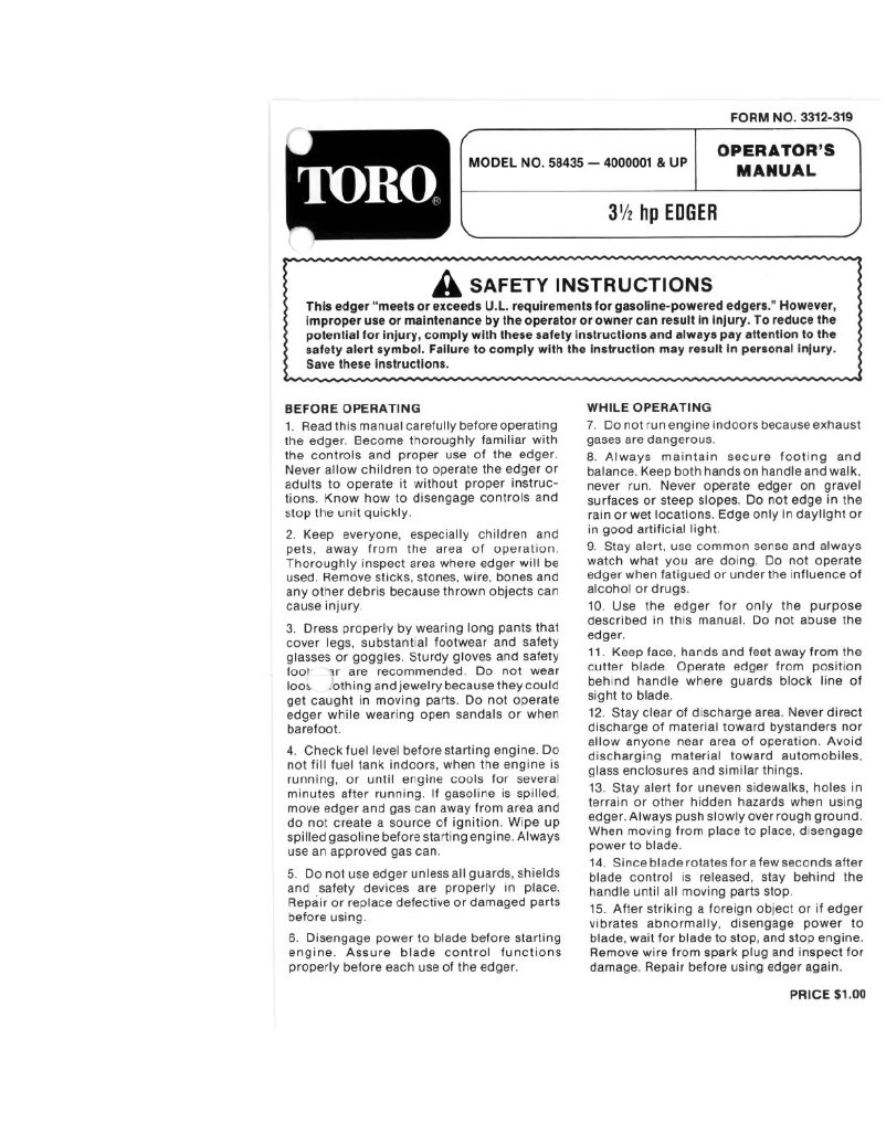 Page 1 de la notice Manuel utilisateur Toro 58435