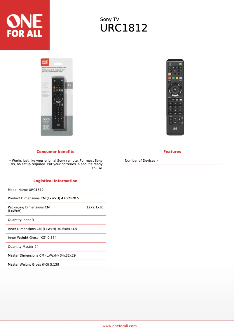 Page 1 de la notice Fiche technique One for all URC 1812