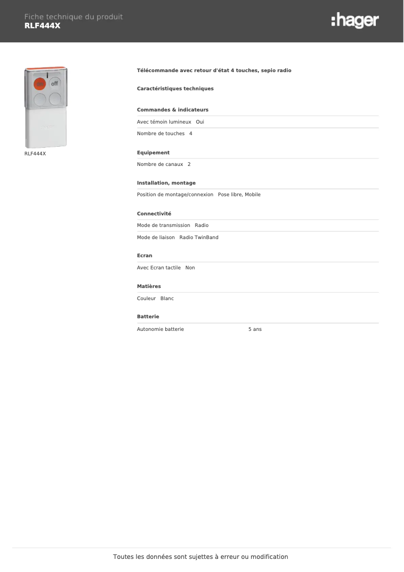 Page n°1 - Fiche technique Hager RLF444X