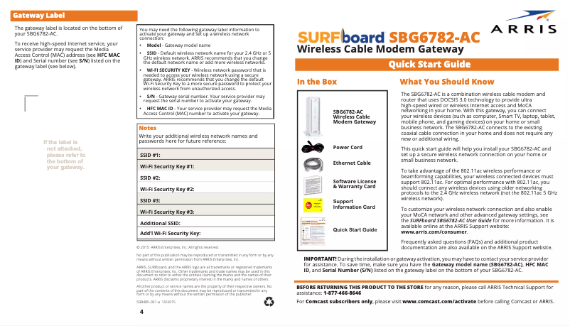 Page 1 de la notice Guide de démarrage rapide Arris SURFboard SBG6782-AC