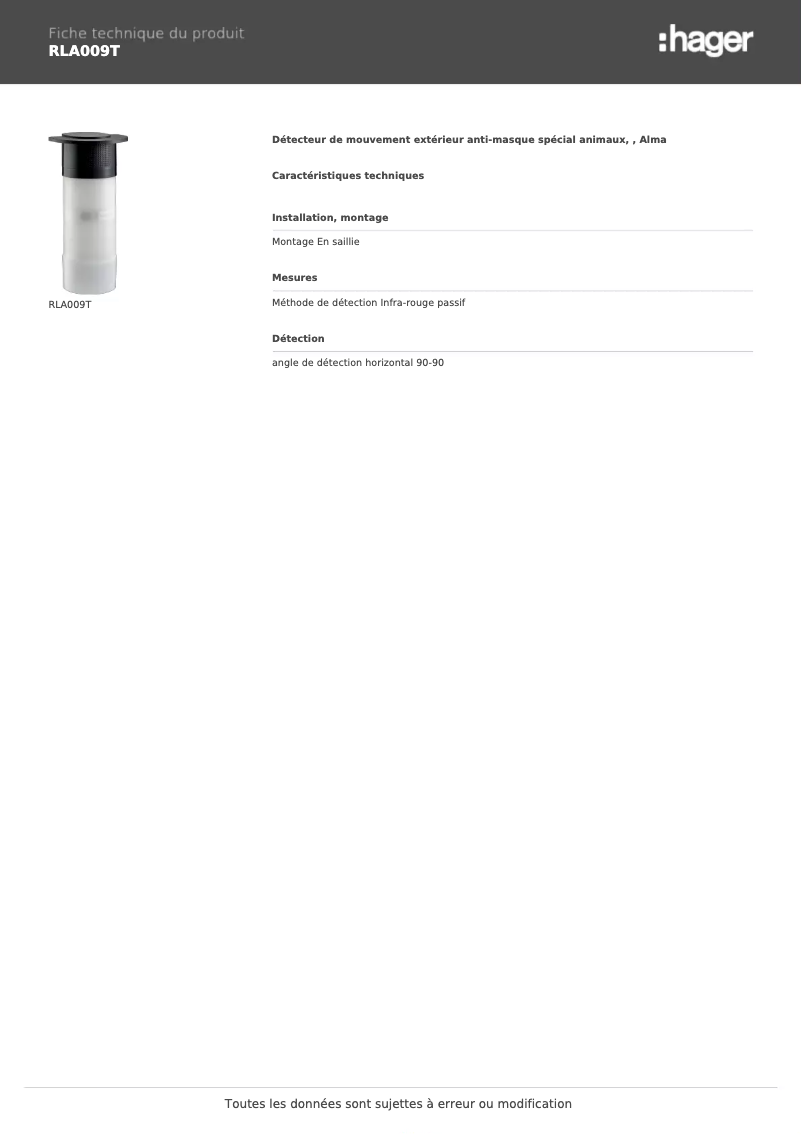 Page 1 de la notice Fiche technique Hager RLA009T