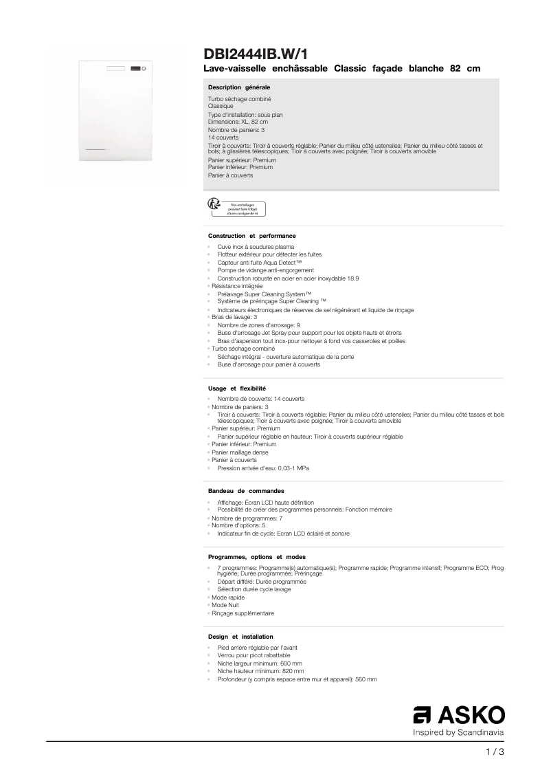 Página 1 del manual Ficha técnica Asko DBI2444IBW1