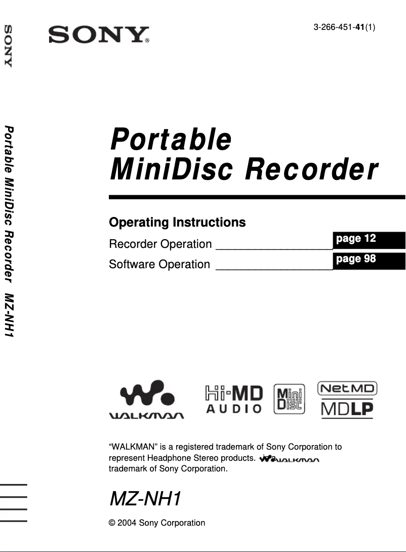 Page 1 de la notice Manuel utilisateur Sony MZ-NH1