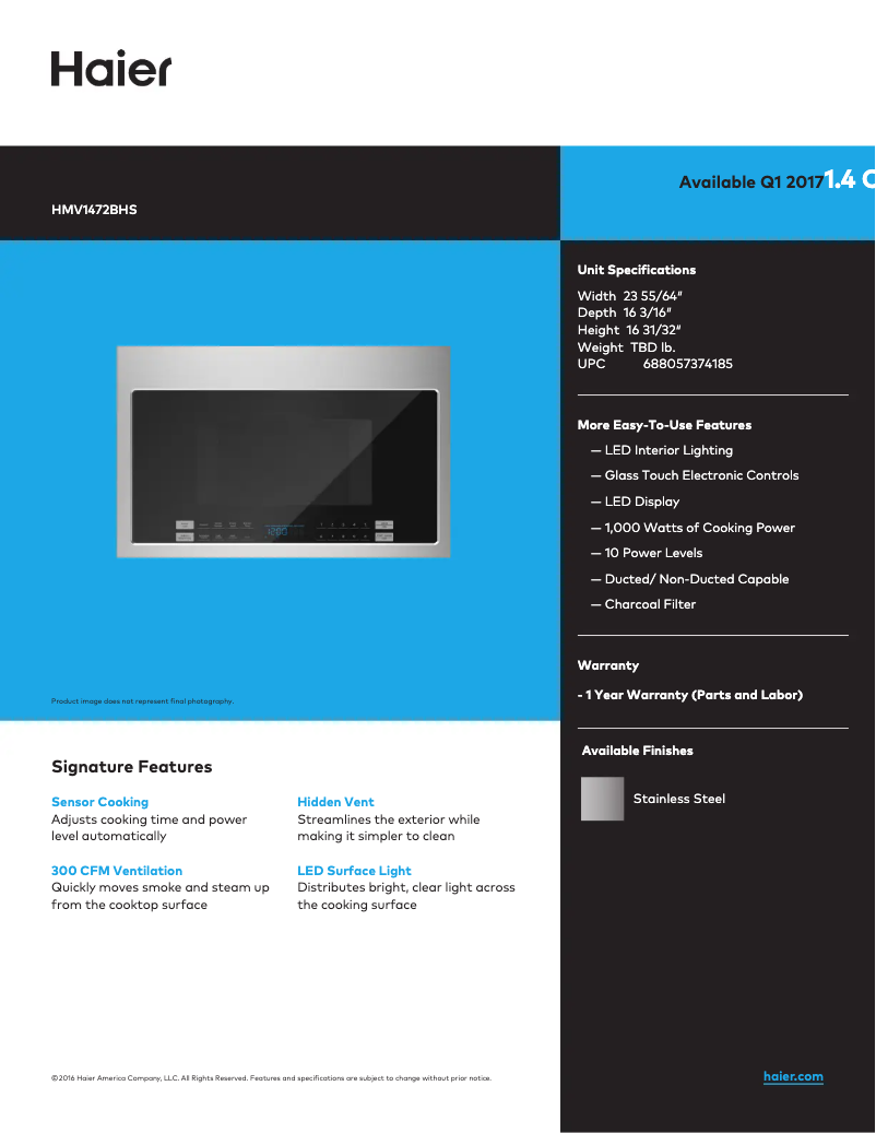 Page 1 de la notice Fiche technique Haier HMV1472BHS