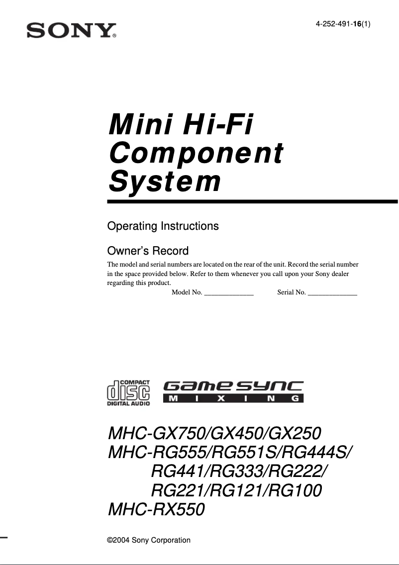 Page 1 de la notice Manuel utilisateur Sony MHC-RG444