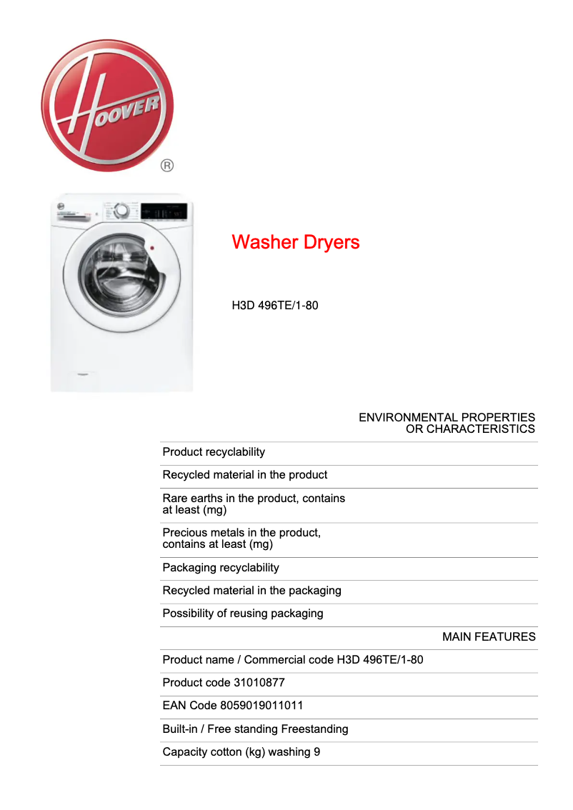 Page n°1 - Fiche technique Hoover H-WASH 300 LITE H3D 496TE/1-80