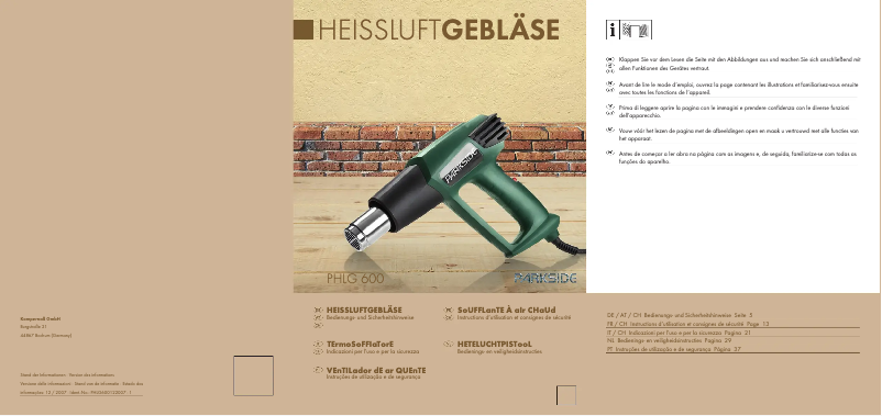 Page 1 de la notice Manuel utilisateur Parkside PHLG 600