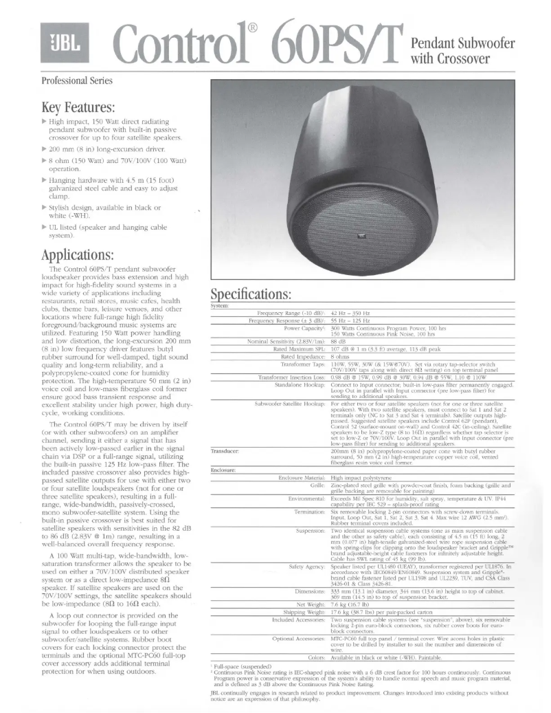 Page 1 de la notice Manuel utilisateur JBL Control 60PS/T