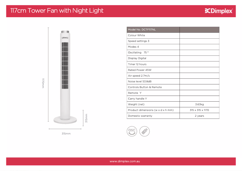 Page 1 de la notice Fiche technique Dimplex DCTF117NL