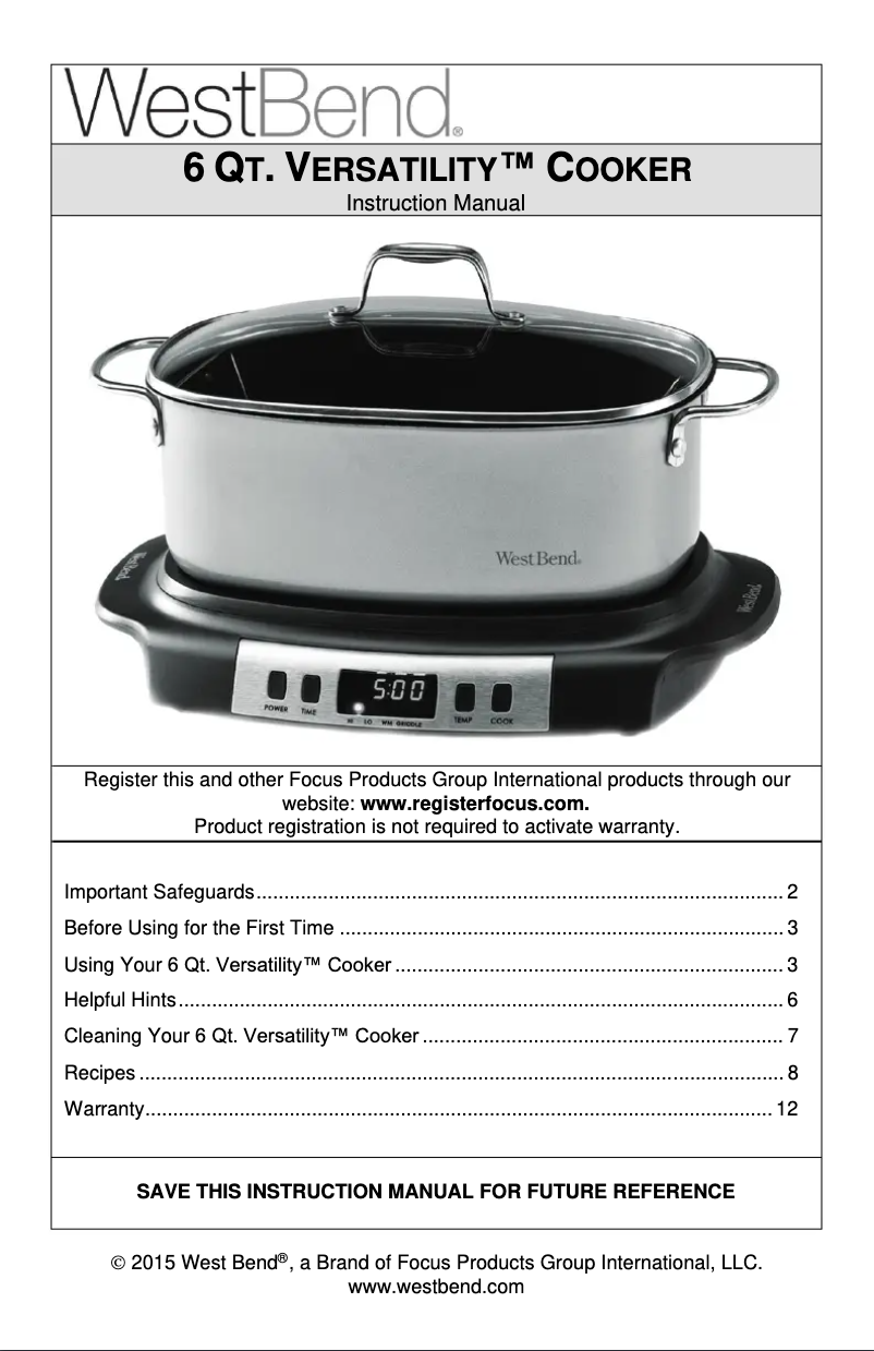 Page 1 de la notice Manuel utilisateur WestBend Versatility 84966RT