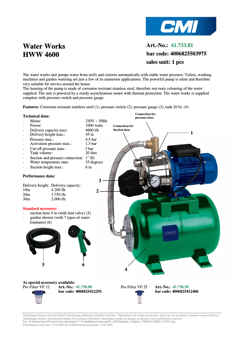 Page n°1 - Fiche technique CMI HWW 4600 Niro