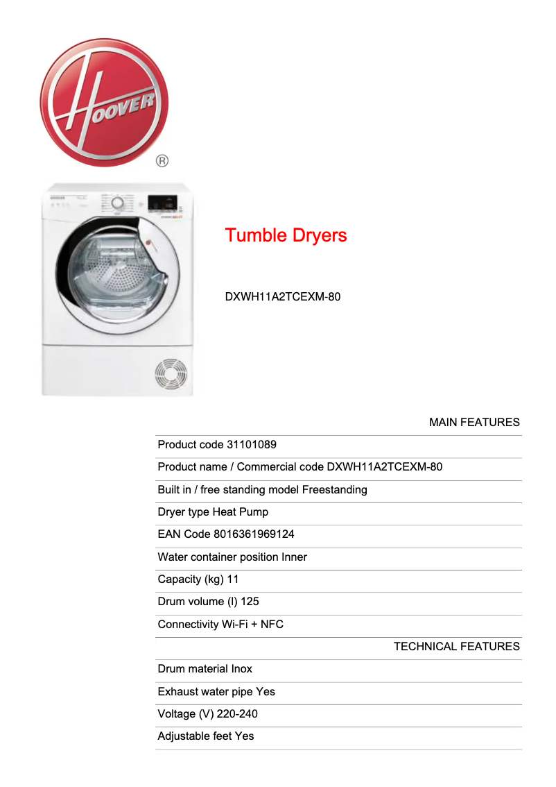 Image de la première page du manuel de l'appareil DXWH11A2TCEXM-80