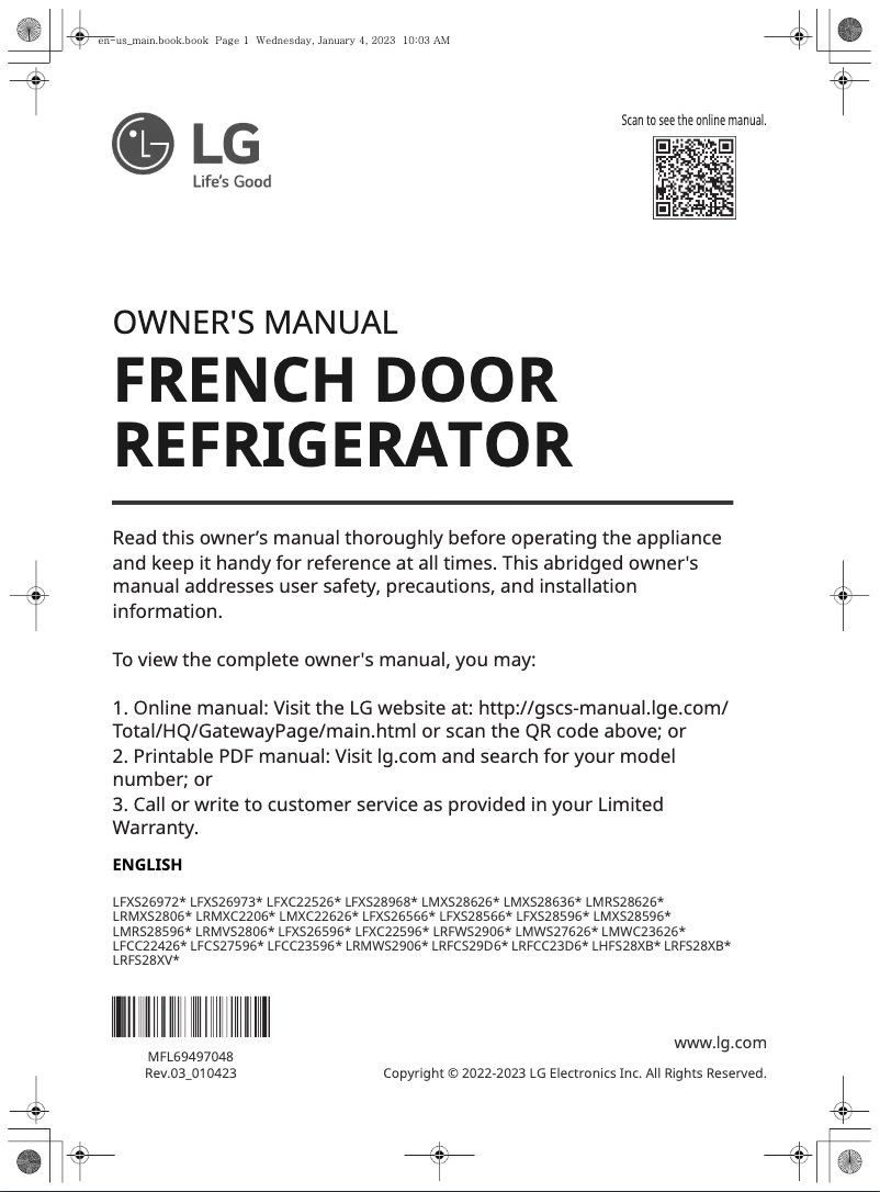 Page 1 de la notice Manuel utilisateur LG LFXS28968S