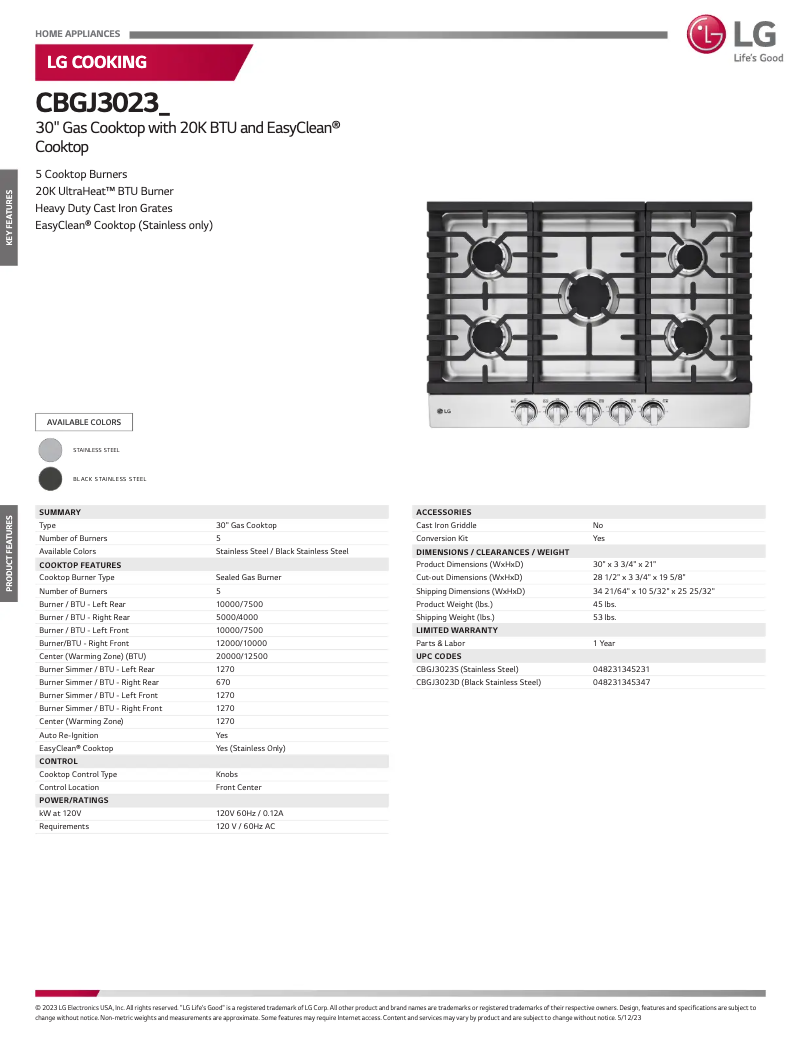 Page 1 de la notice Fiche technique LG CBGJ3023D