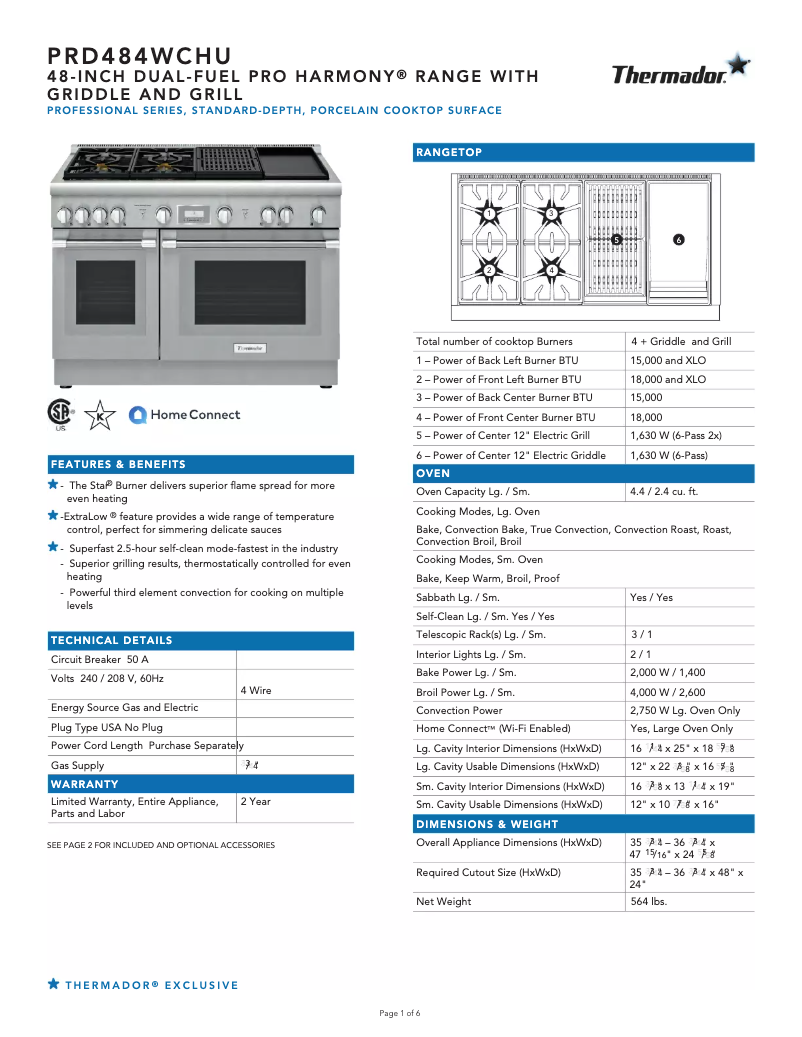 Page n°1 - Fiche technique Thermador PRD484WCHU