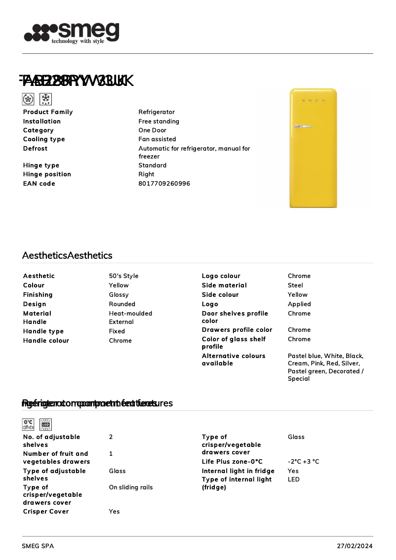 Page 1 de la notice Fiche technique Smeg FAB28RYW3UK
