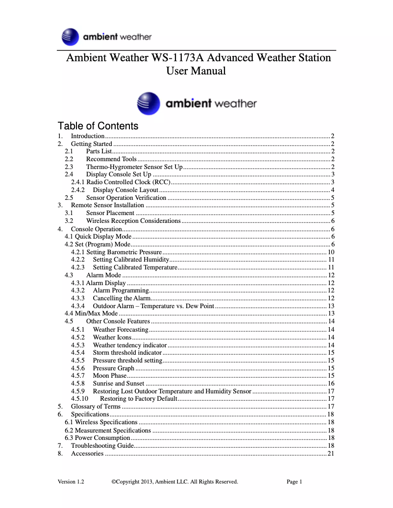 Image de la première page du manuel de l'appareil WS-1173A