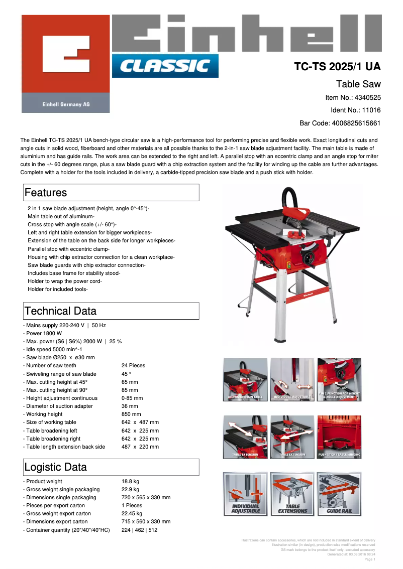 Page 1 de la notice Fiche technique Einhell TC-TS 2025/1 UA