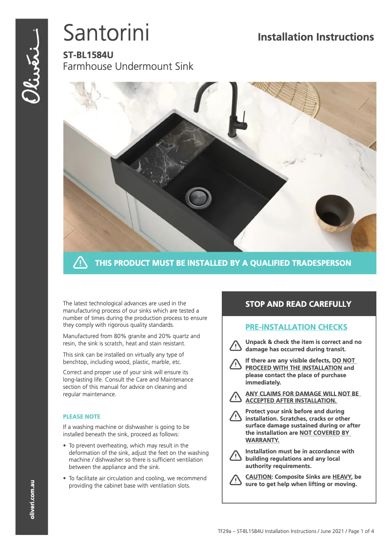 Page 1 de la notice Guide d'installation Oliveri ST-BL1584U