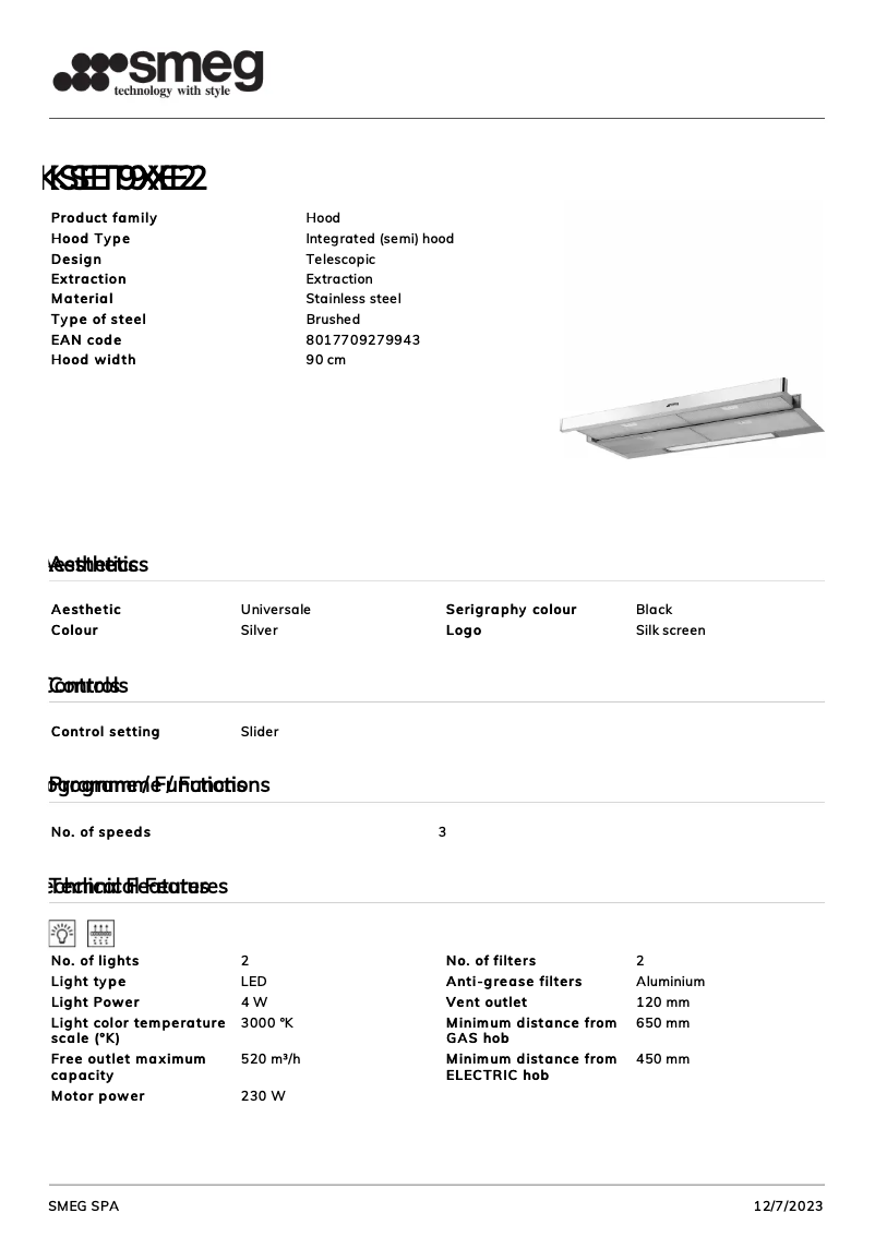 Page 1 de la notice Fiche technique Smeg KSET9XE2