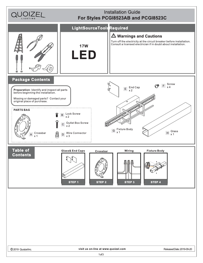 Page 1 de la notice Manuel utilisateur Quoizel Giselle PCGI8523AB