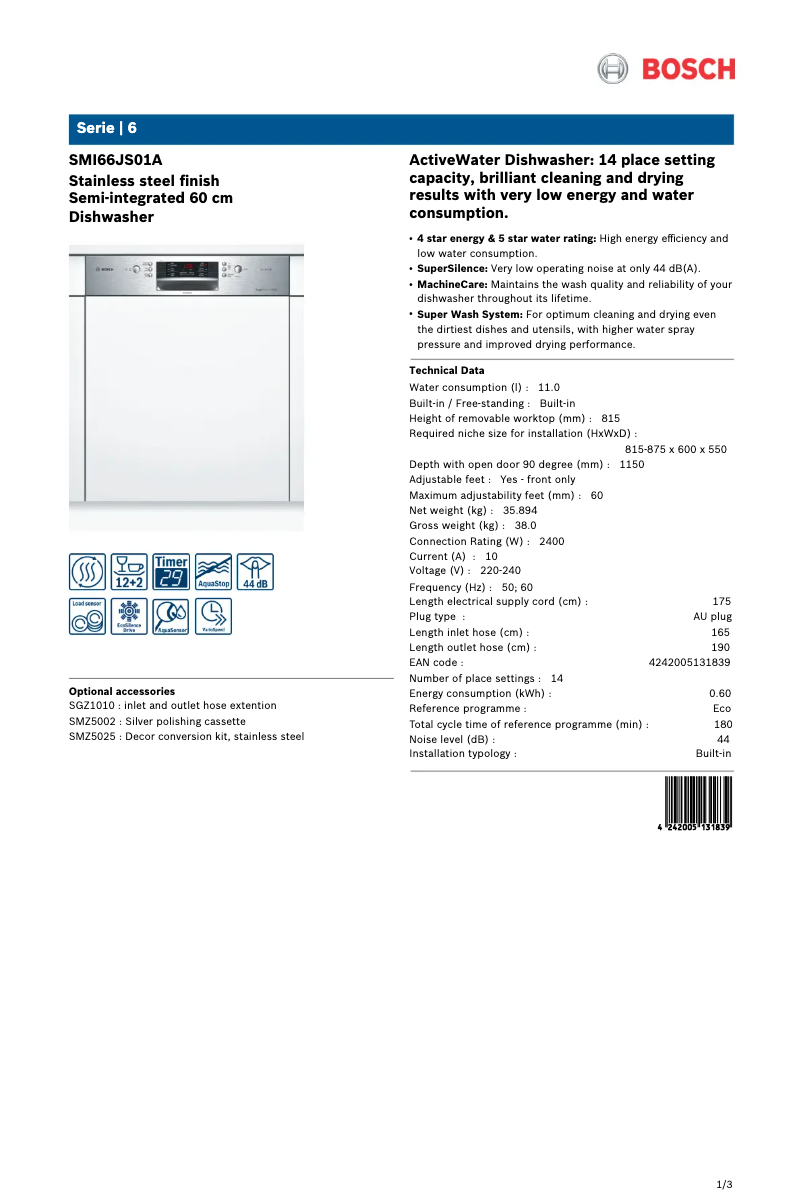 Página 1 del manual Ficha técnica Bosch SMI66JS01A