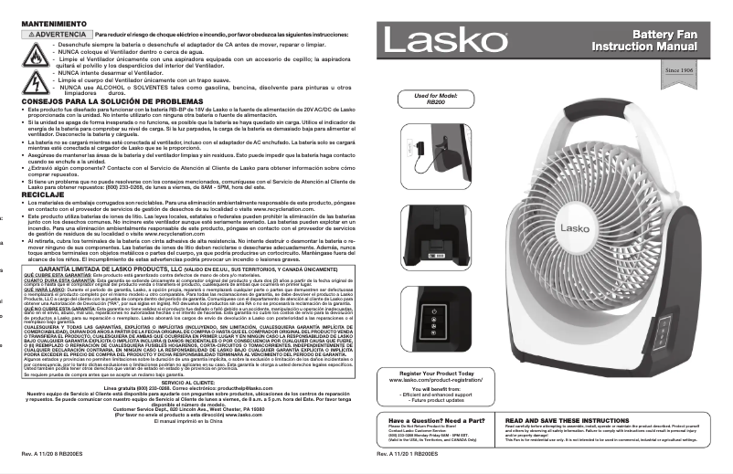 Page 1 of the manual User Manual Lasko RB200