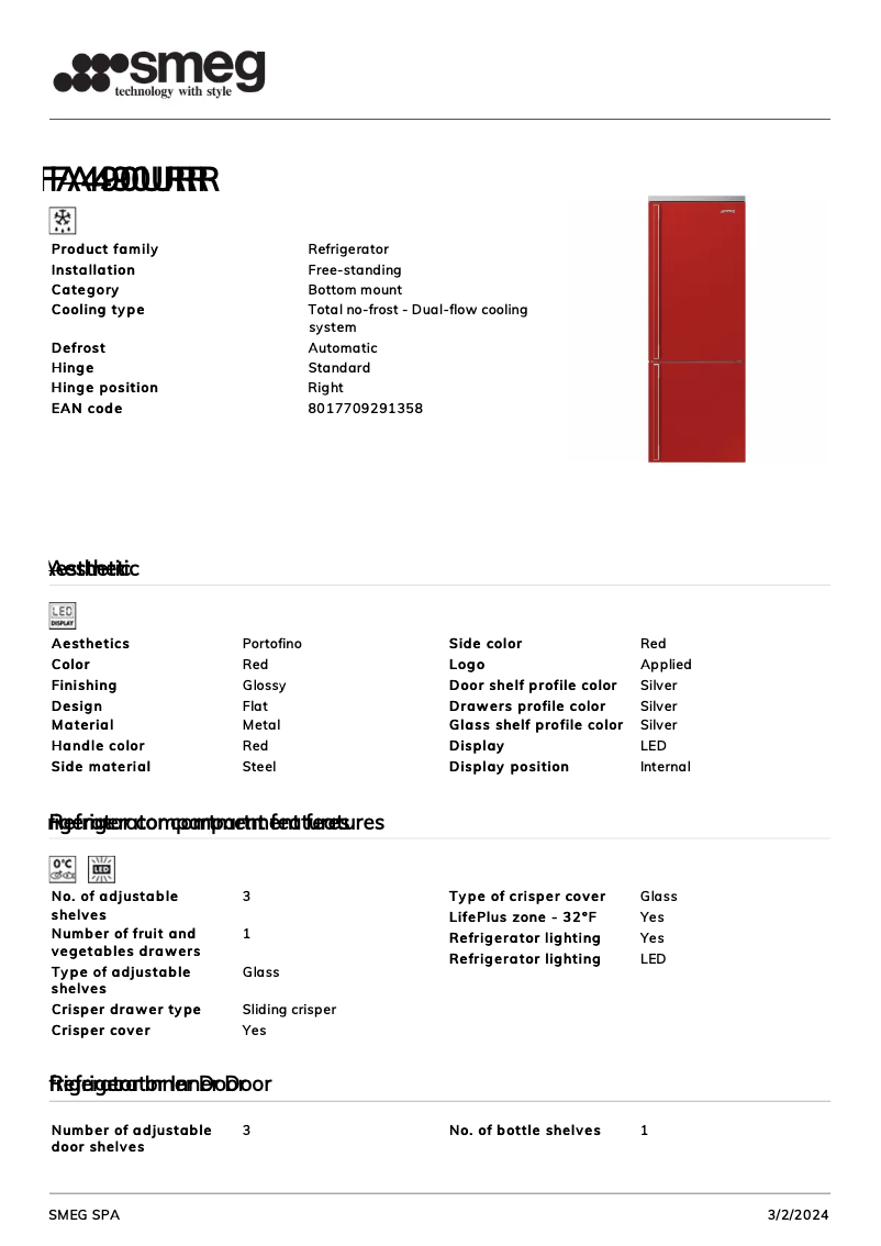 Page 1 de la notice Fiche technique Smeg FA490URR