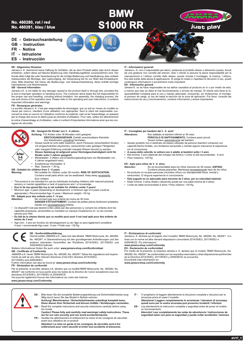 Page 1 de la notice Manuel utilisateur Jamara BMW S1000 RR