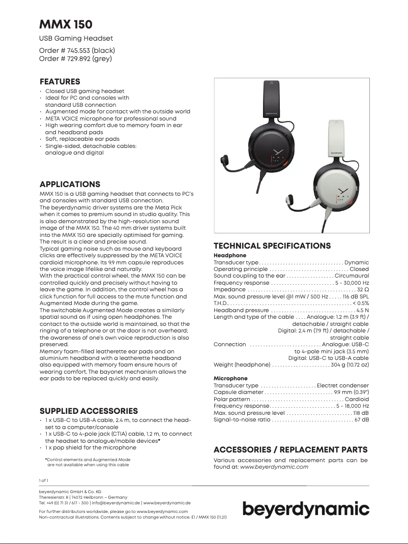 Page n°1 - Fiche technique Beyerdynamic MMX 150