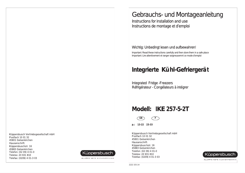 Page 1 of the manual User Manual Küppersbusch IKE 257-5