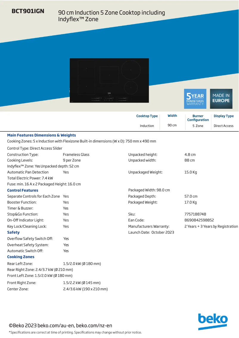 Page n°1 - Fiche technique Beko BCT901IGN