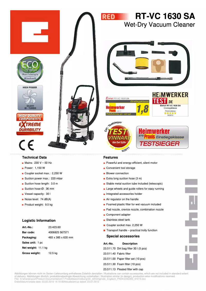 Page 1 de la notice Manuel utilisateur Einhell RT-VC 1630 SA