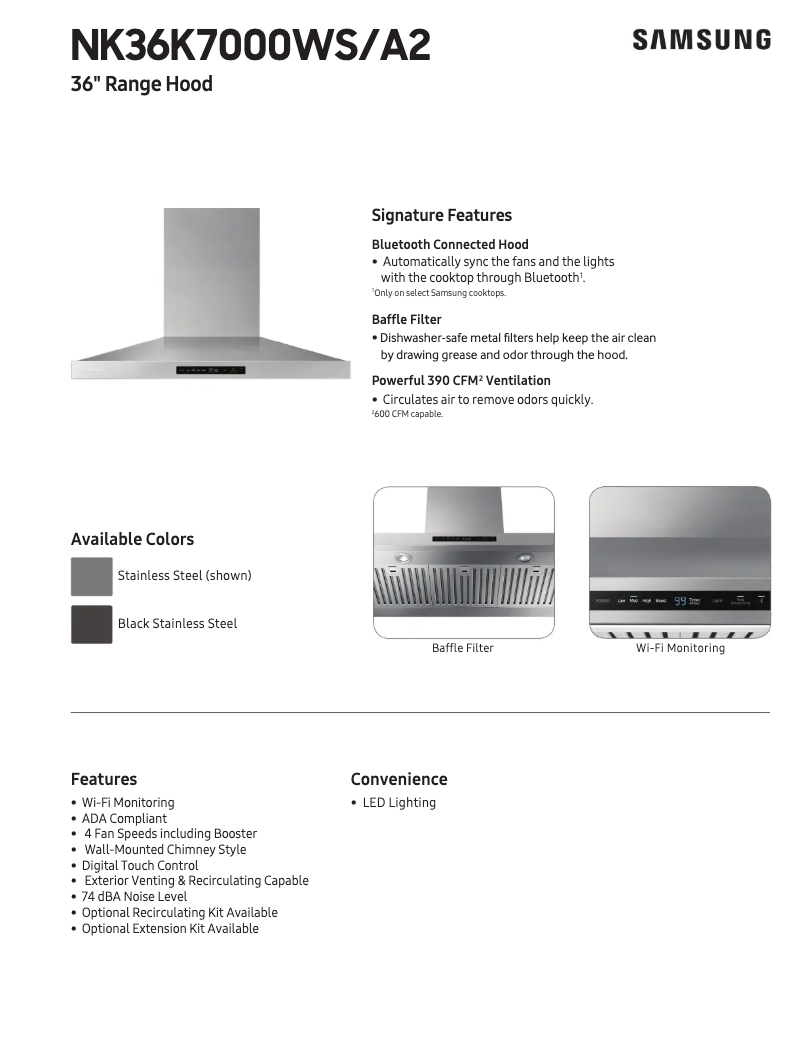 Page 1 de la notice Fiche technique Samsung NK36K7000WS/A2