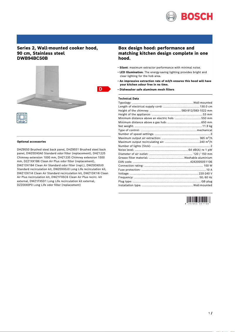 Page 1 de la notice Fiche technique Bosch Serie 2 DWB94BC50B