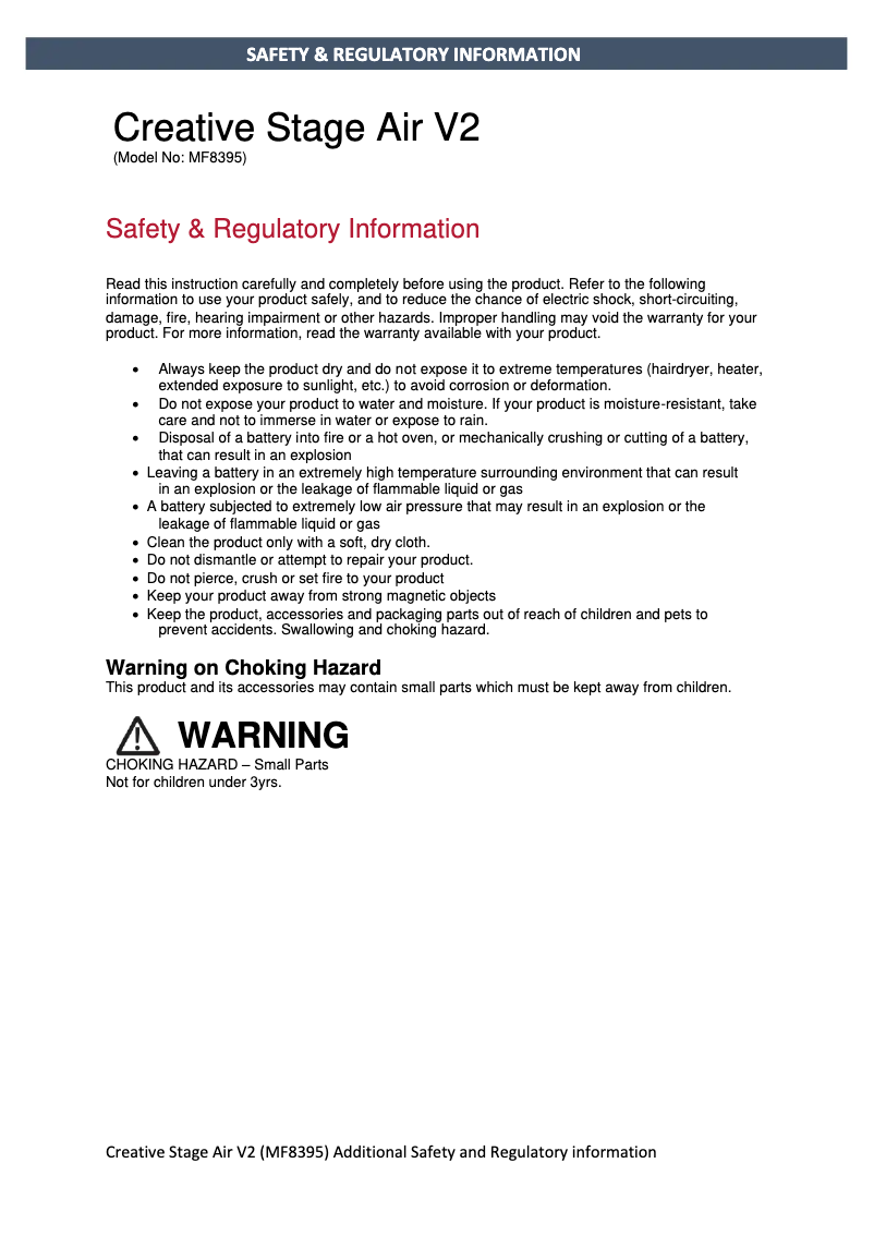 Page 1 de la notice Instructions de sécurité Creative Stage Air V2