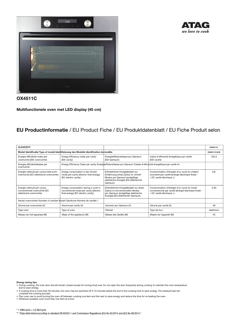 Page 1 de la notice Fiche technique Atag OX4511C