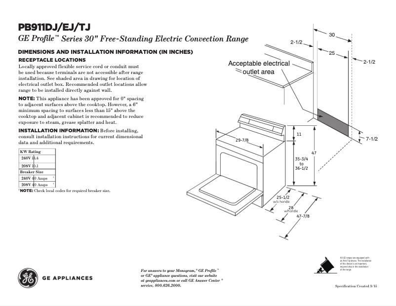 Page 1 de la notice Fiche technique GE Profile PB911SJSS