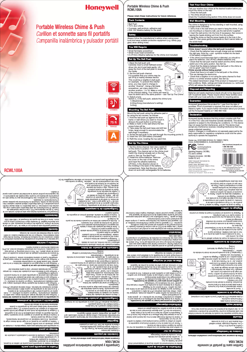 Image de la première page du manuel de l'appareil RCWL100A